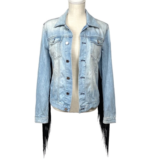 BLK DNM  Blue Denim Black Fringe Jean Jacket Size Small - Picture 4 of 16